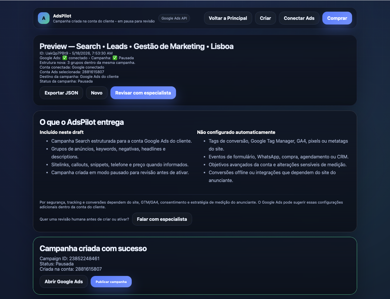 Preview do AdsPilot com campanha criada em modo pausado para revisão