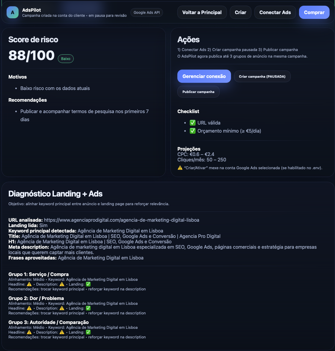 Diagnóstico do AdsPilot com score de risco, ações e checklist da campanha