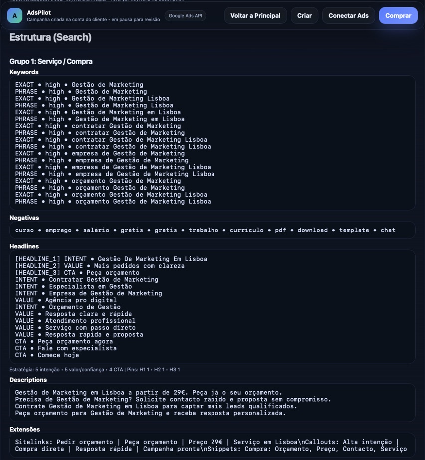 Estrutura de campanha Search criada pelo AdsPilot com keywords, negativas, headlines e extensões