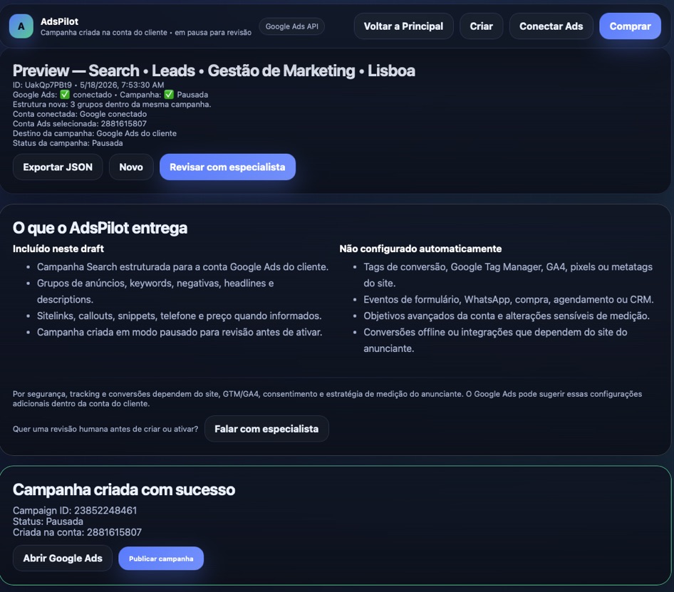 Preview do AdsPilot mostrando entrega da campanha e status antes de publicar