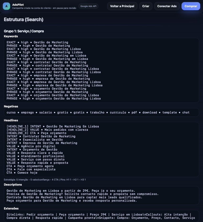 Estrutura do primeiro grupo de anúncios com keywords e copy no AdsPilot