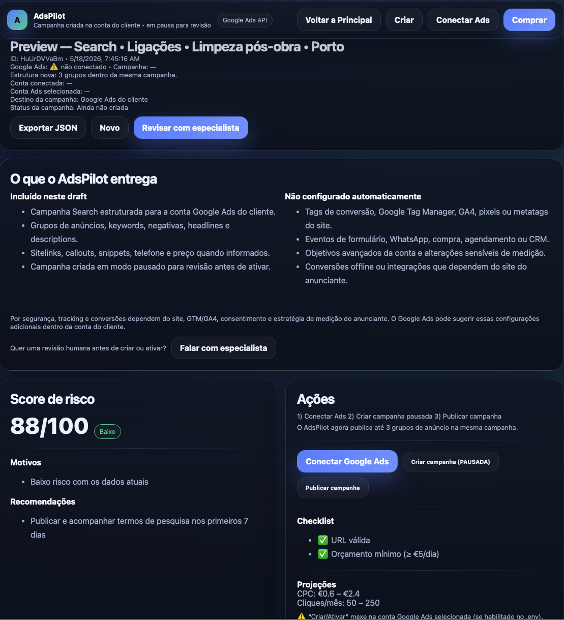Preview de campanha para limpezas pós-obra criada em draft pelo AdsPilot
